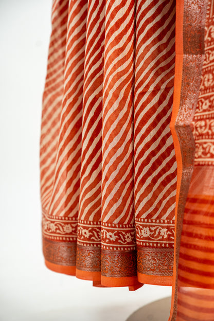 Deep Charcoal Black base with an intricate Silver-Grey and Off-White overlay Chanderi Silk Saree