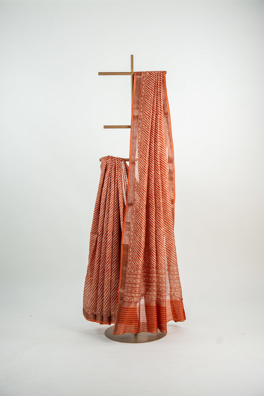Deep Charcoal Black base with an intricate Silver-Grey and Off-White overlay Chanderi Silk Saree