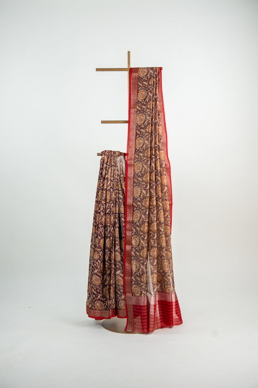 Warm Ochre Gold / Mustard base with a rich Chocolate Brown print Chanderi Silk Saree