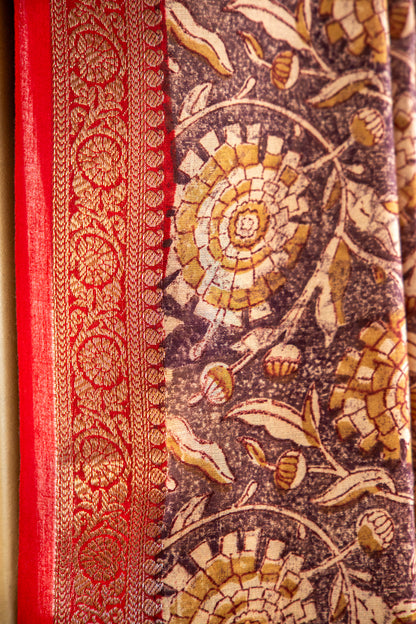Warm Ochre Gold / Mustard base with a rich Chocolate Brown print Chanderi Silk Saree