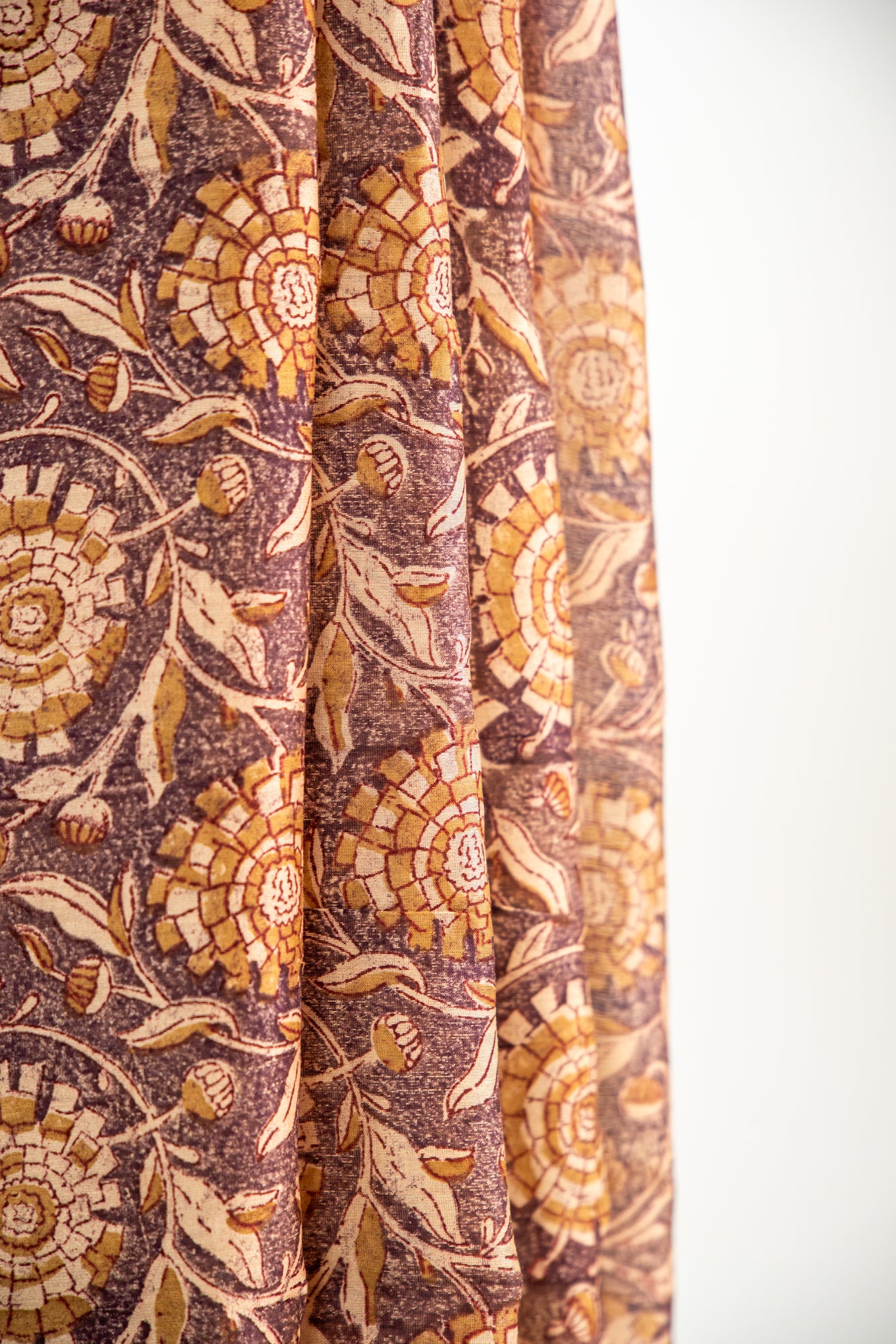Warm Ochre Gold / Mustard base with a rich Chocolate Brown print Chanderi Silk Saree