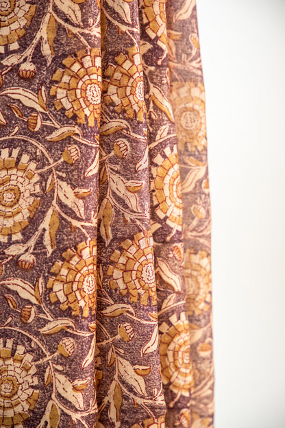 Warm Ochre Gold / Mustard base with a rich Chocolate Brown print Chanderi Silk Saree