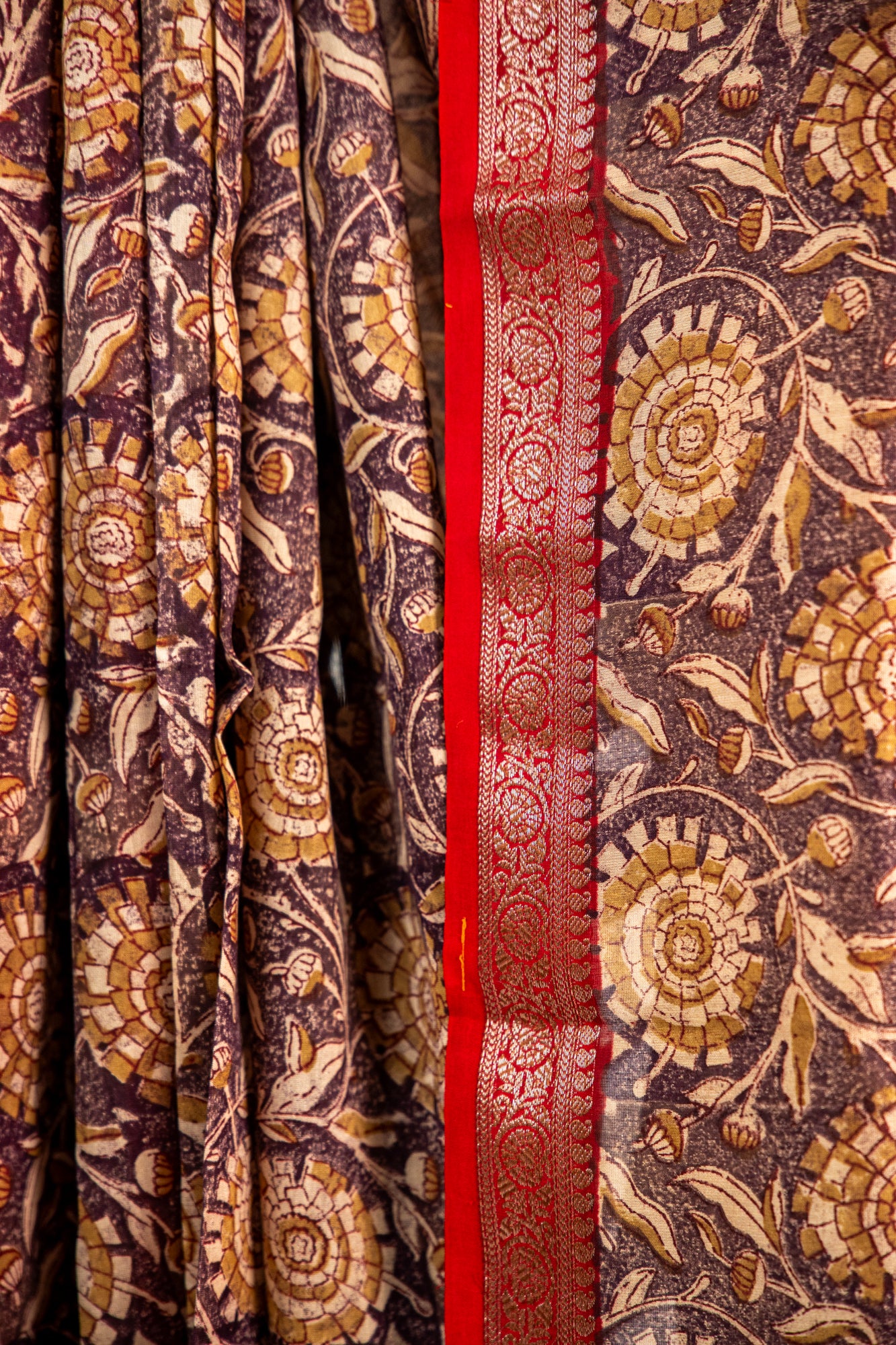 Warm Ochre Gold / Mustard base with a rich Chocolate Brown print Chanderi Silk Saree
