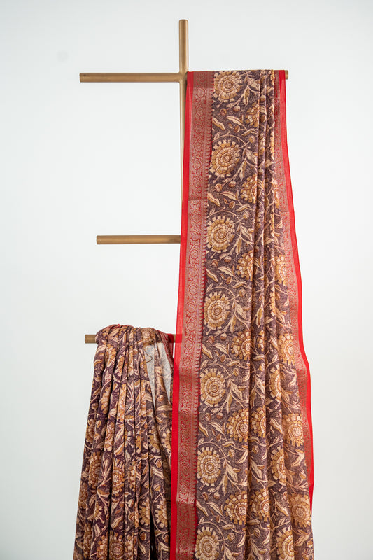 Warm Ochre Gold / Mustard base with a rich Chocolate Brown print Chanderi Silk Saree