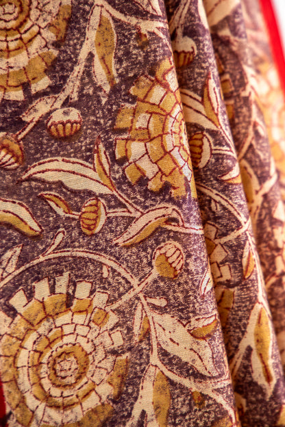 Warm Ochre Gold / Mustard base with a rich Chocolate Brown print Chanderi Silk Saree