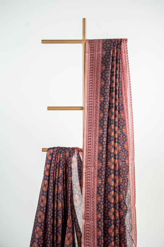 Rich Chocolate Brown / Dark Cocoa base accented with warm Beige and Cream motifs Pure Silk Saree