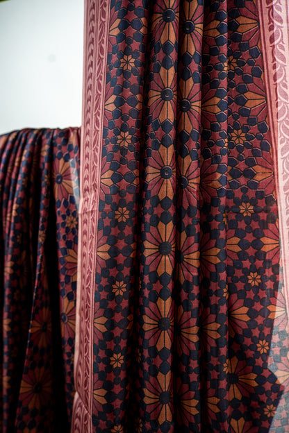 Rich Chocolate Brown / Dark Cocoa base accented with warm Beige and Cream motifs Pure Silk Saree