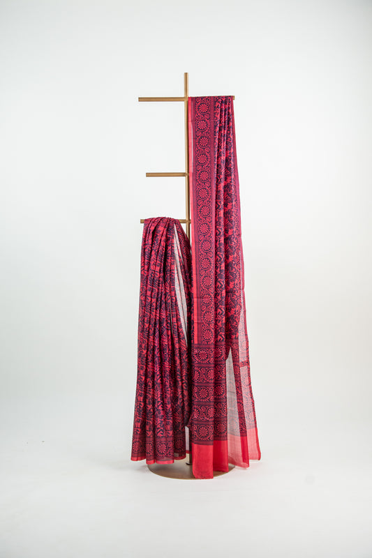 Rich Mulberry Purple / Beetroot base with a lighter Lilac/Pink accent print Pure Silk Saree