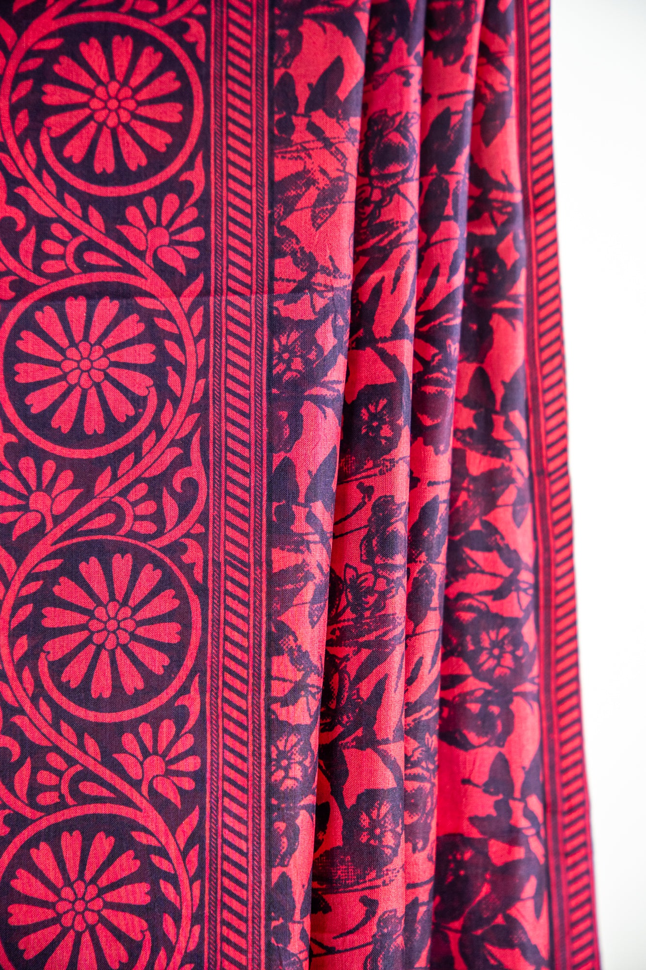 Rich Mulberry Purple / Beetroot base with a lighter Lilac/Pink accent print Pure Silk Saree