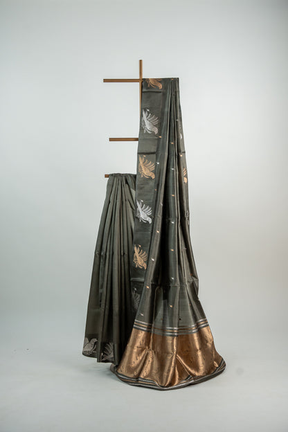 Muted Olive-Grey Gold Banarasi Silk Saree