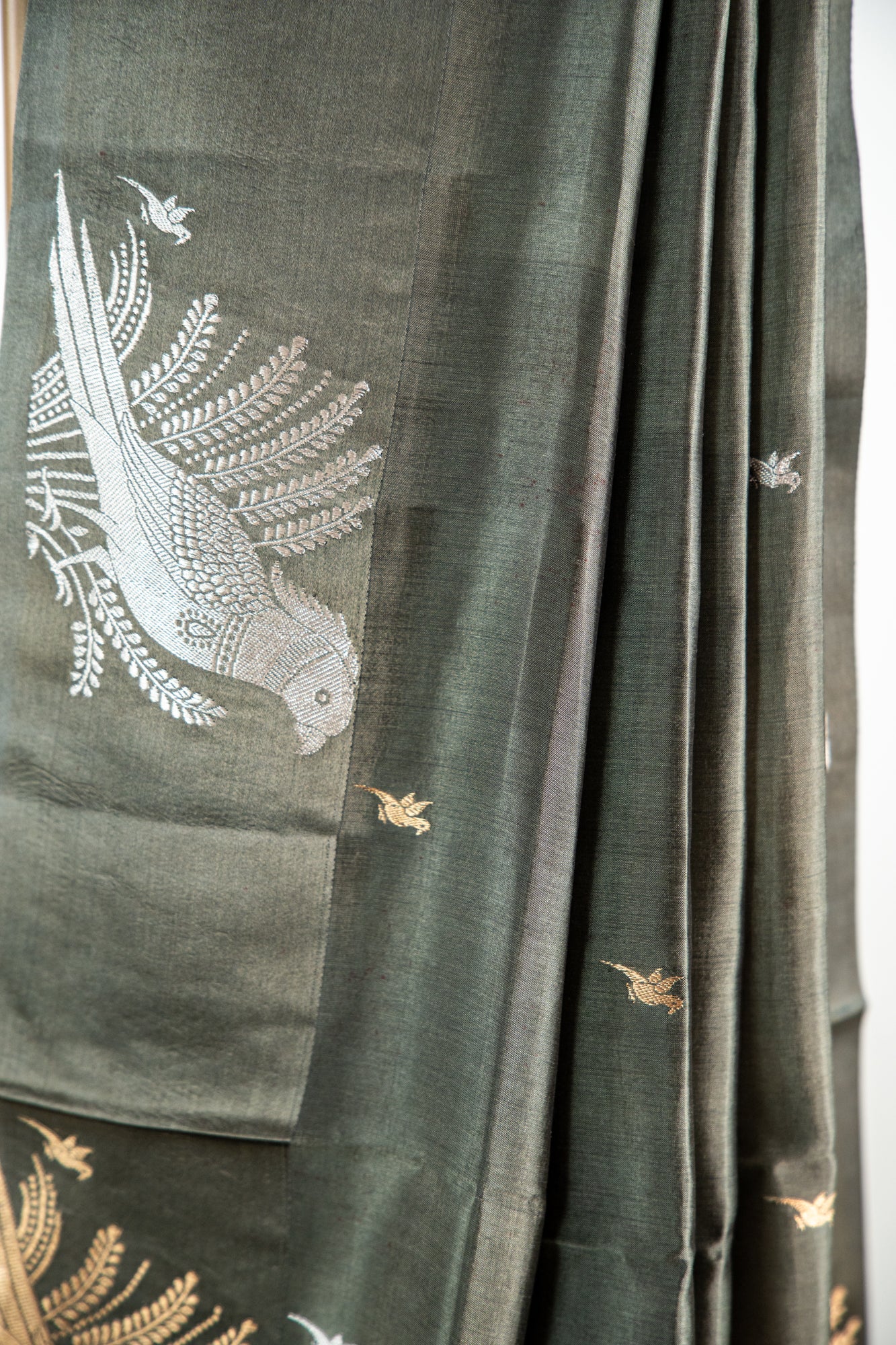 Muted Olive-Grey Gold Banarasi Silk Saree