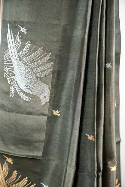 Muted Olive-Grey Gold Banarasi Silk Saree