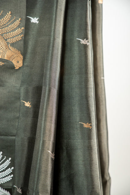 Muted Olive-Grey Gold Banarasi Silk Saree