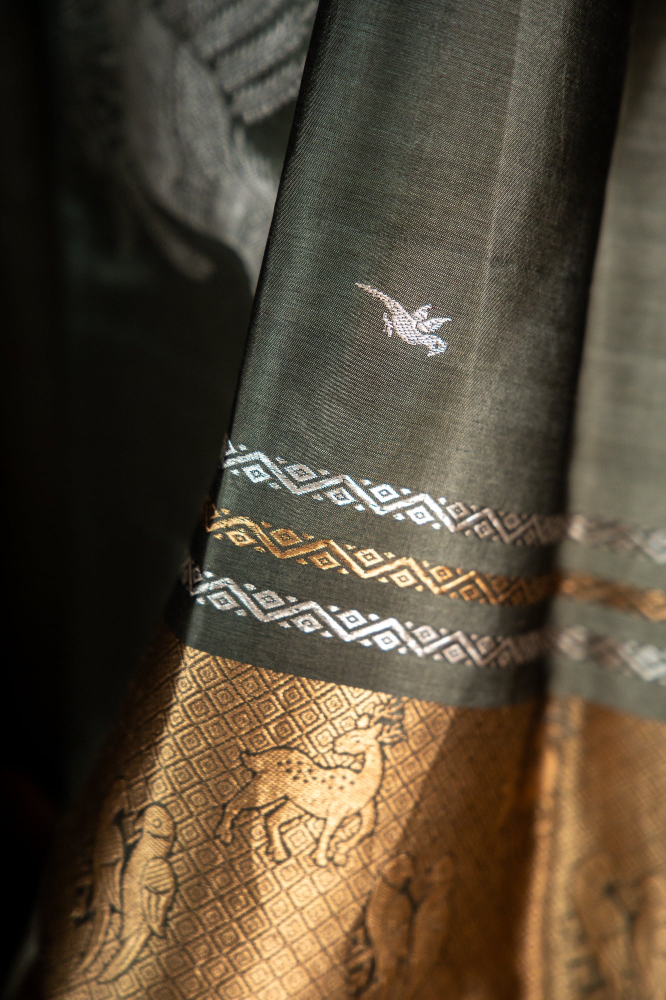 Muted Olive-Grey Gold Banarasi Silk Saree