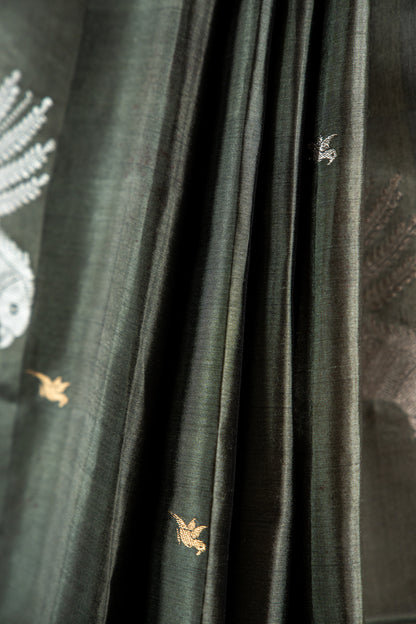 Muted Olive-Grey Gold Banarasi Silk Saree