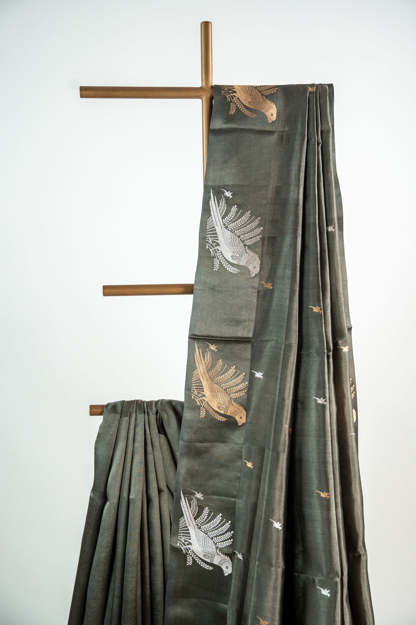 Muted Olive-Grey Gold Banarasi Silk Saree