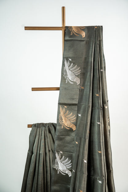 Muted Olive-Grey Gold Banarasi Silk Saree