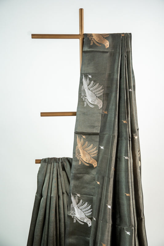 Muted Olive-Grey Gold Banarasi Silk Saree