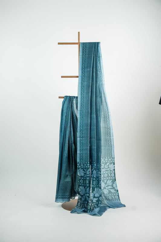 Sea Green base with a crisp White and light Mint/Aqua overlay print Pure Silk Saree