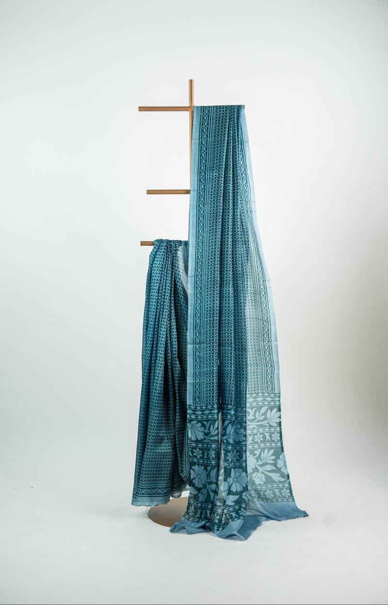Sea Green base with a crisp White and light Mint/Aqua overlay print Pure Silk Saree