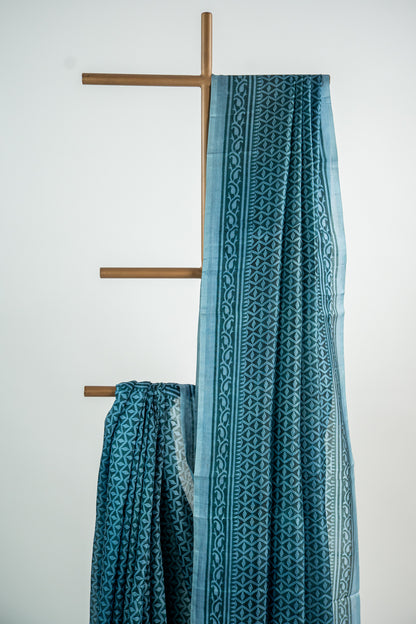 Sea Green base with a crisp White and light Mint/Aqua overlay print Pure Silk Saree