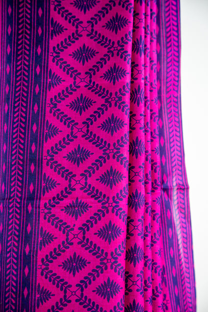 Vibrant Fuchsia Pink body with a deep Indigo Blue contrast print and border Pure Silk Saree