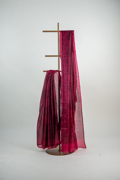 Rich Burgundy / Dark Wine base with a bright Magenta Pink contrast print Pure Silk Saree