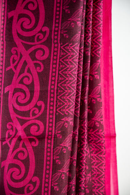Rich Burgundy / Dark Wine base with a bright Magenta Pink contrast print Pure Silk Saree