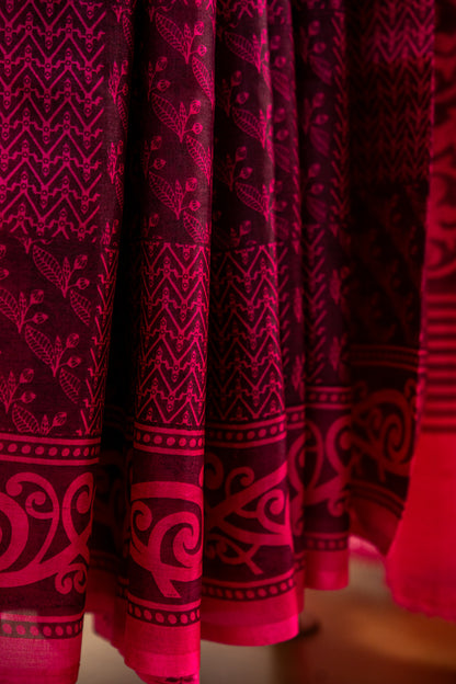Rich Burgundy / Dark Wine base with a bright Magenta Pink contrast print Pure Silk Saree