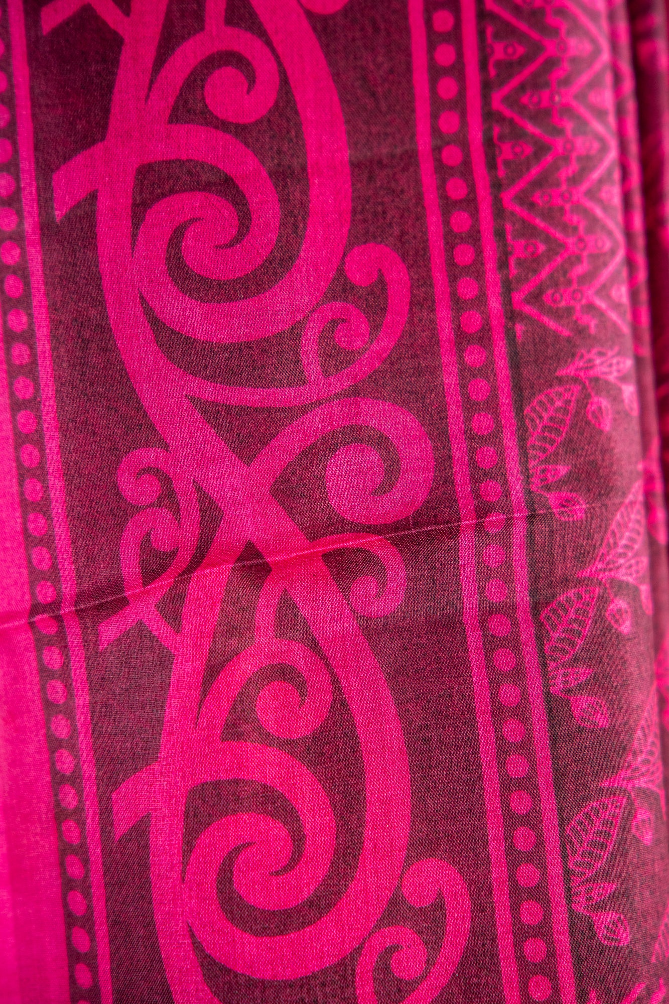 Rich Burgundy / Dark Wine base with a bright Magenta Pink contrast print Pure Silk Saree