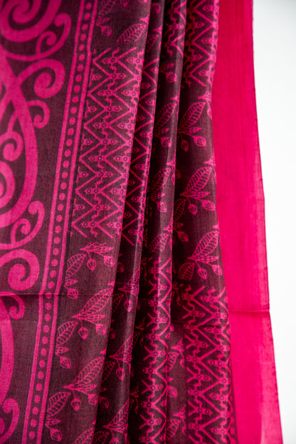 Rich Burgundy / Dark Wine base with a bright Magenta Pink contrast print Pure Silk Saree