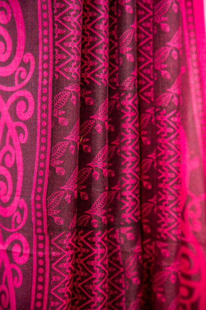 Rich Burgundy / Dark Wine base with a bright Magenta Pink contrast print Pure Silk Saree