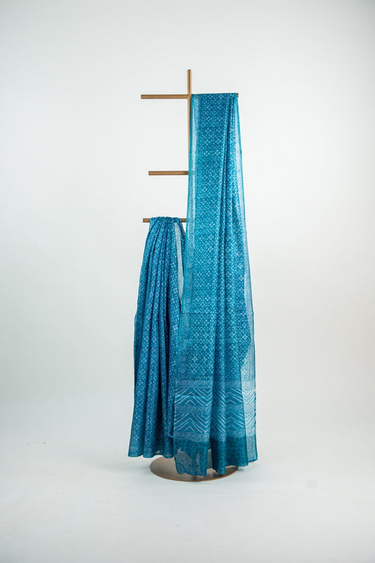 Oxidized Aqua Blue / Sea Green tone with a faded Silver-Grey block print Pure Silk Saree