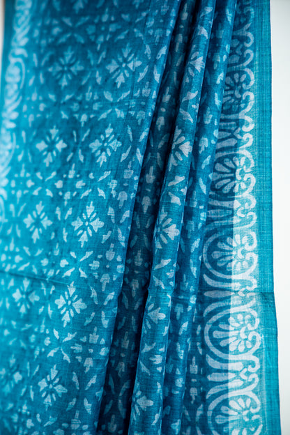 Oxidized Aqua Blue / Sea Green tone with a faded Silver-Grey block print Pure Silk Saree