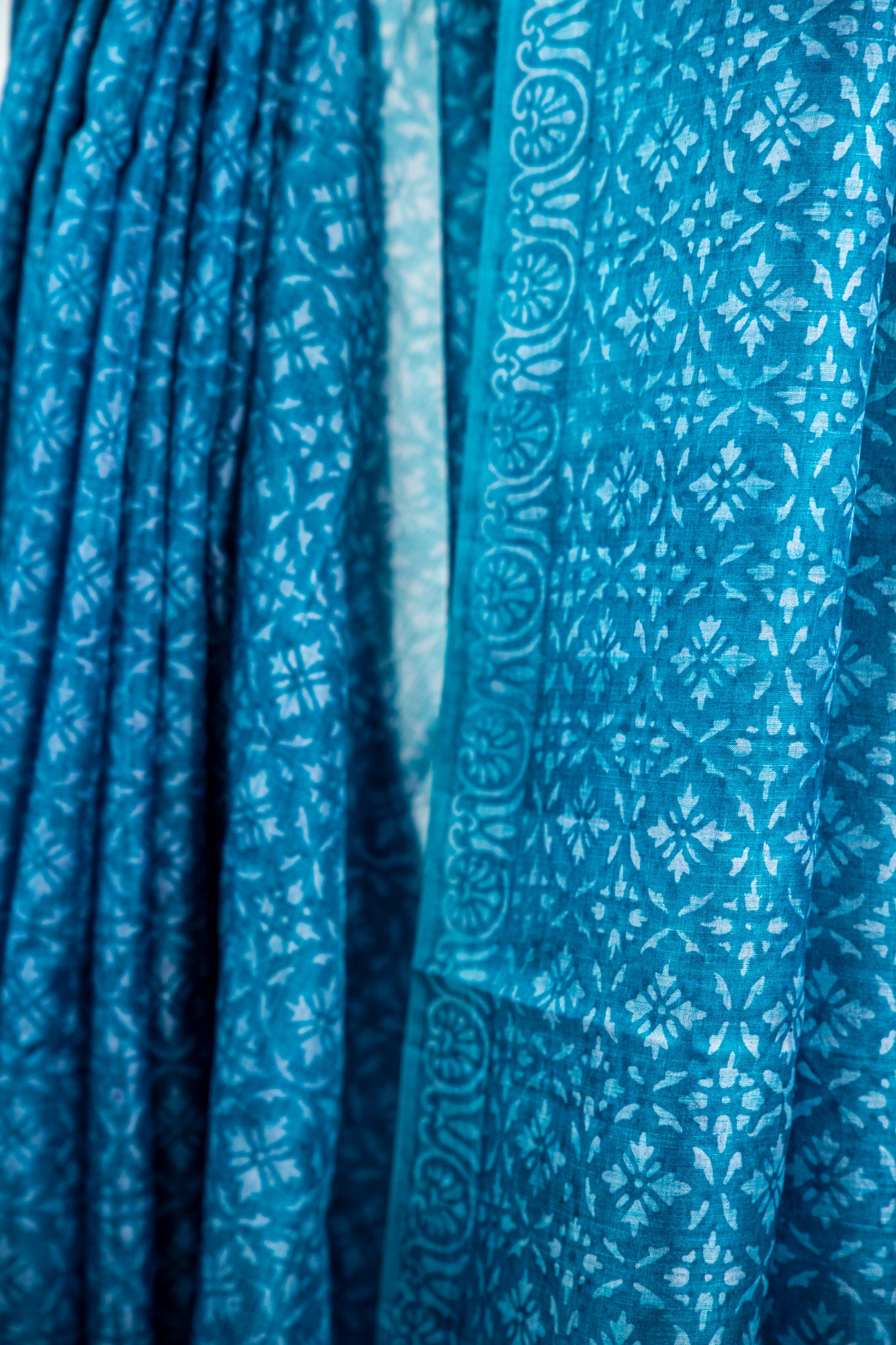 Oxidized Aqua Blue / Sea Green tone with a faded Silver-Grey block print Pure Silk Saree