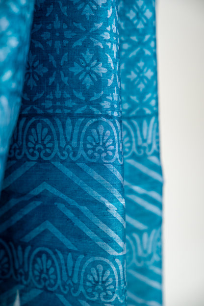 Oxidized Aqua Blue / Sea Green tone with a faded Silver-Grey block print Pure Silk Saree