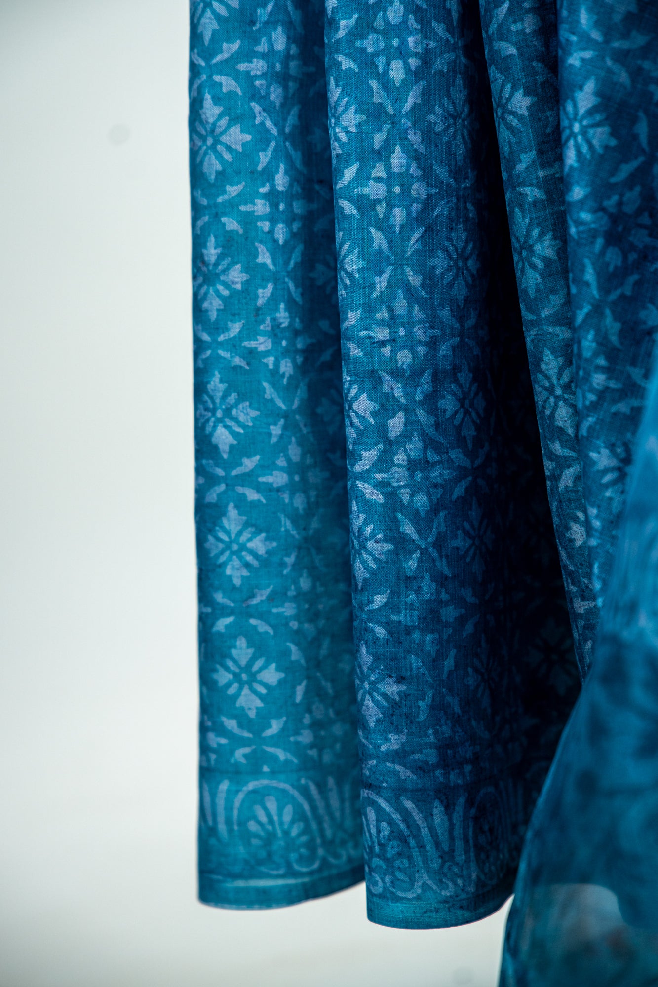 Oxidized Aqua Blue / Sea Green tone with a faded Silver-Grey block print Pure Silk Saree