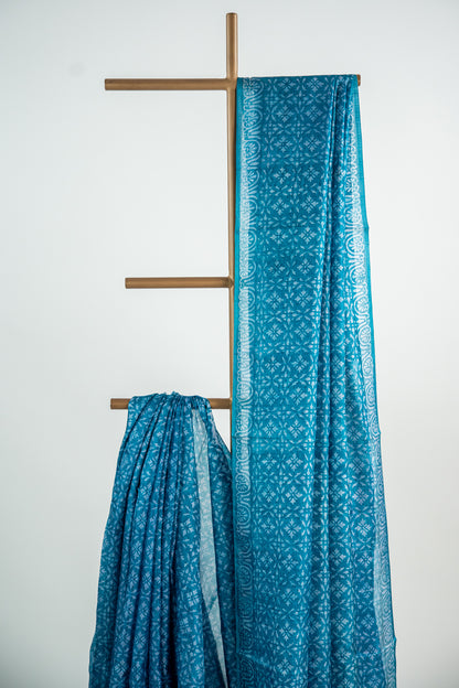 Oxidized Aqua Blue / Sea Green tone with a faded Silver-Grey block print Pure Silk Saree