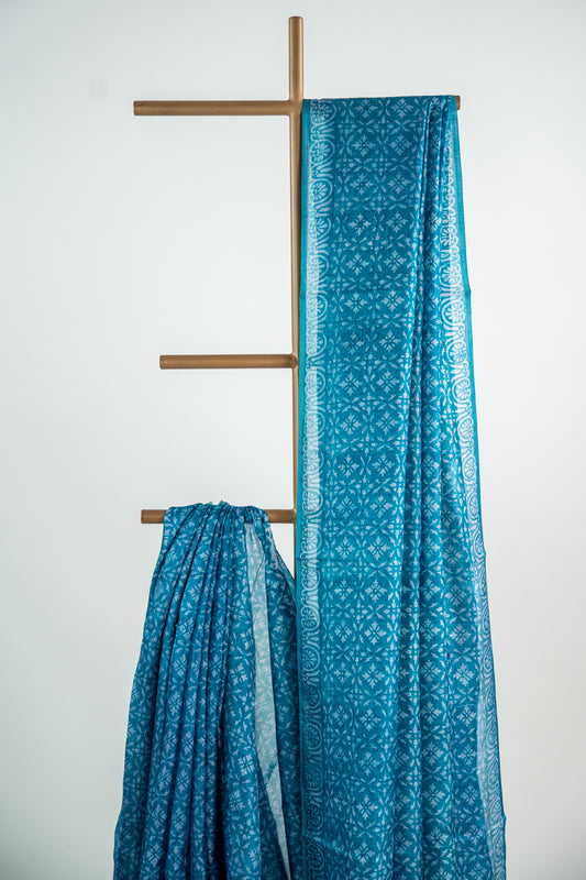 Oxidized Aqua Blue / Sea Green tone with a faded Silver-Grey block print Pure Silk Saree