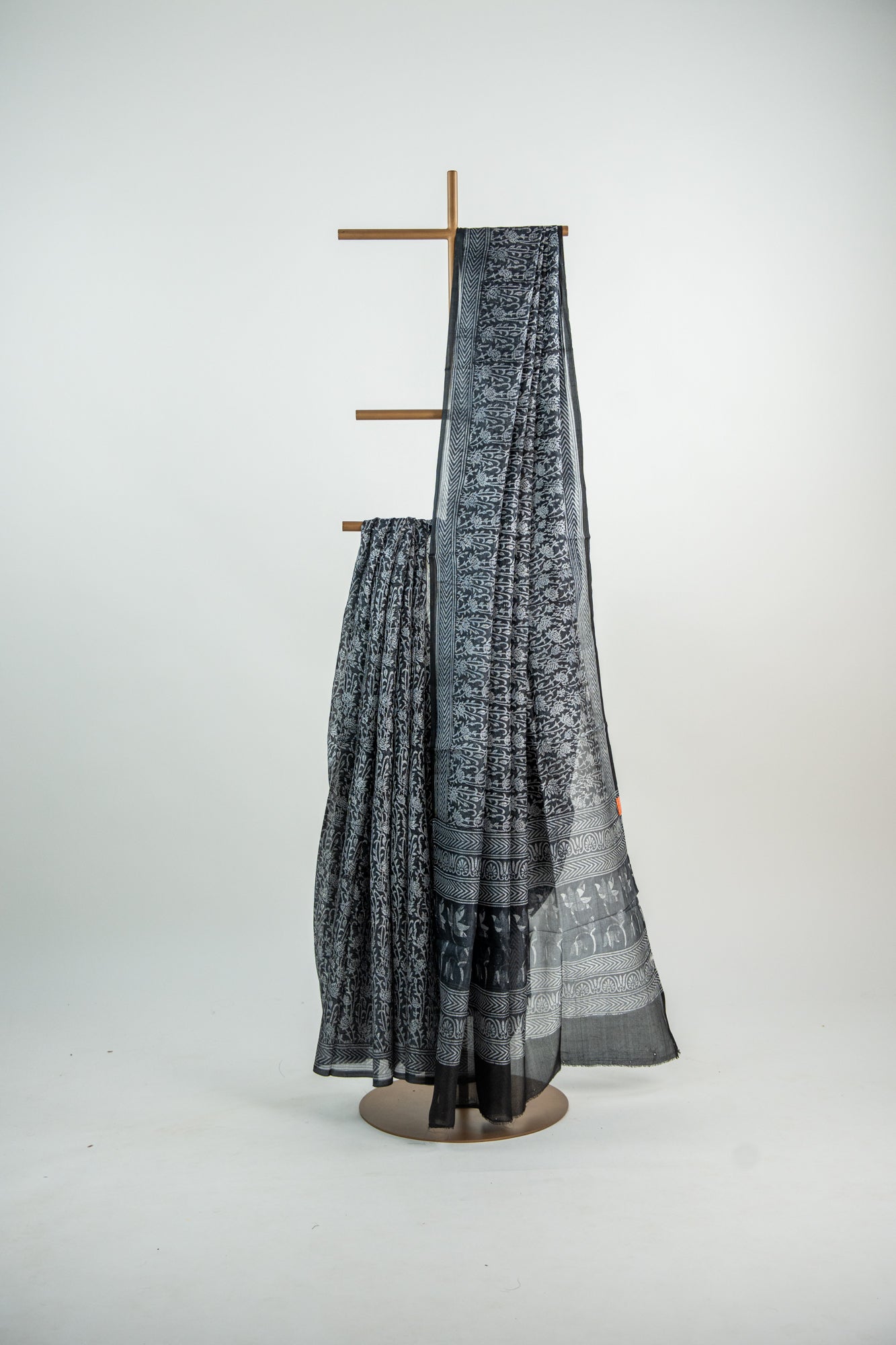 Jet Black base with an intricate, dense Silver-Grey print Pure Silk Saree