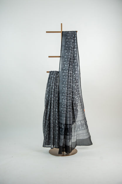 Jet Black base with an intricate, dense Silver-Grey print Pure Silk Saree