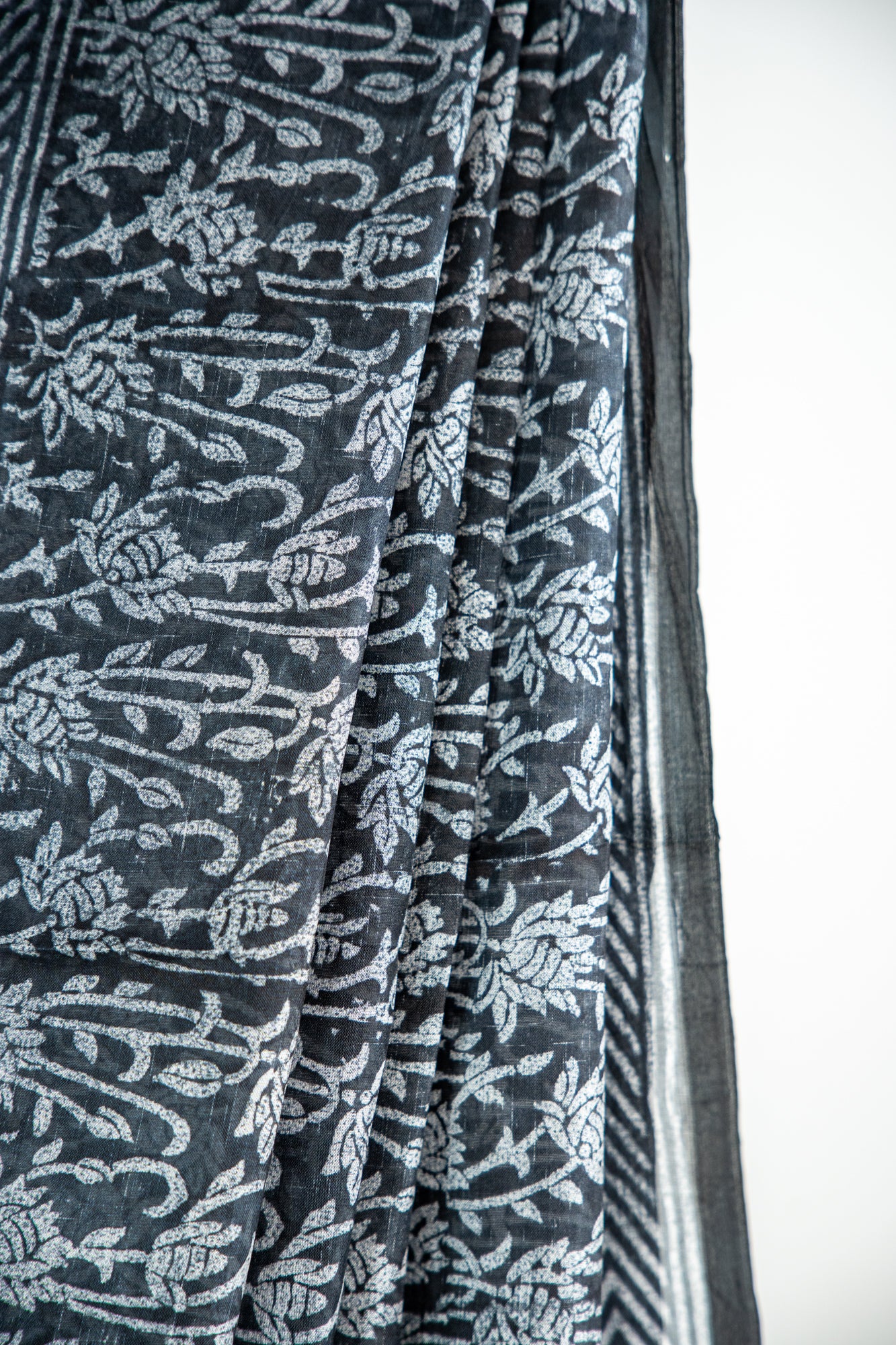 Jet Black base with an intricate, dense Silver-Grey print Pure Silk Saree