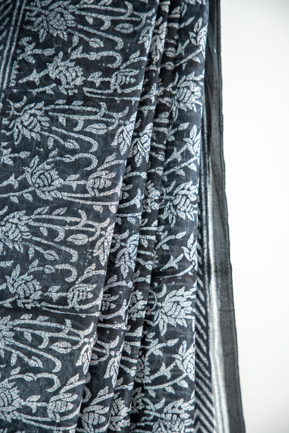 Jet Black base with an intricate, dense Silver-Grey print Pure Silk Saree