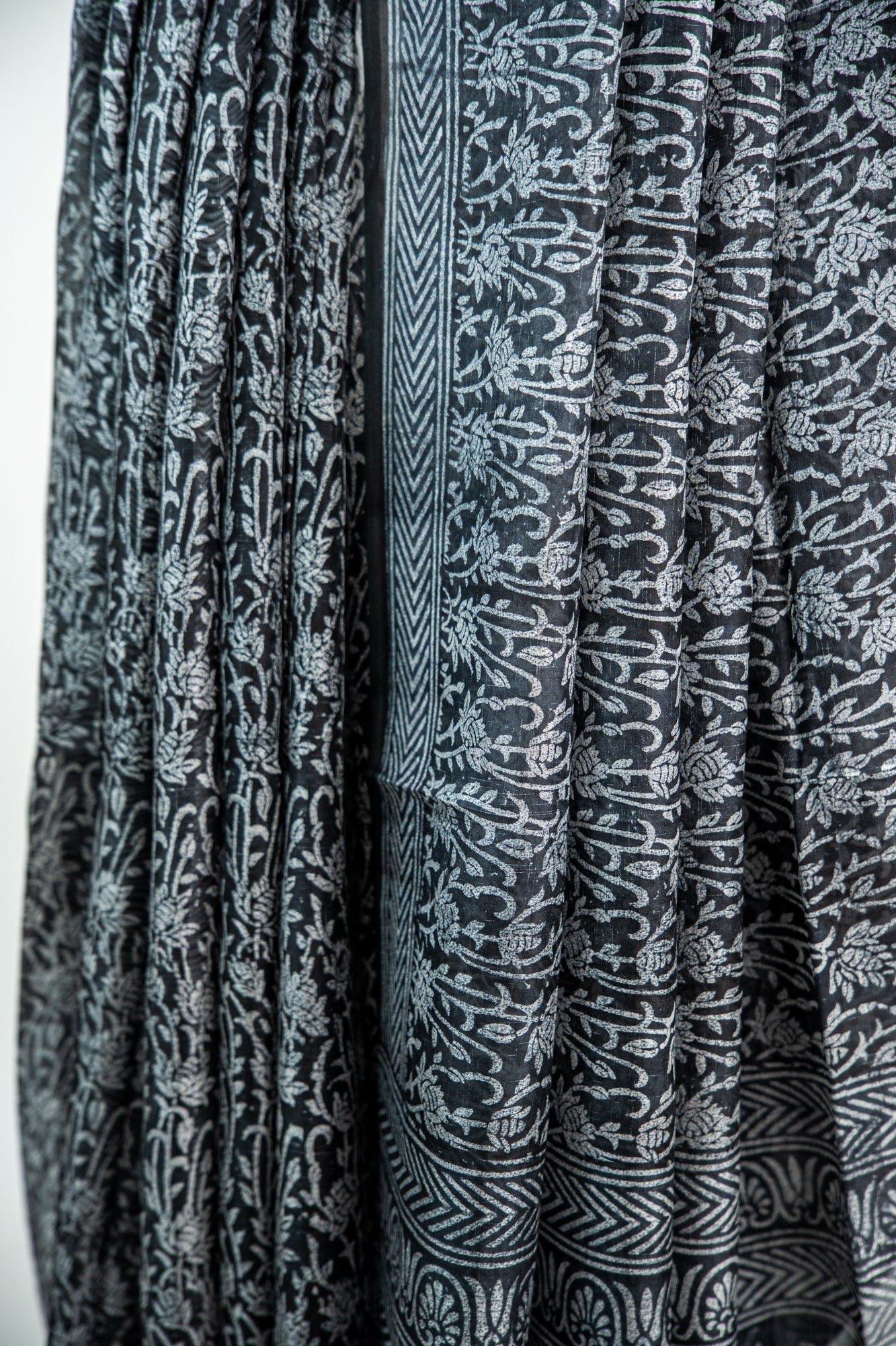 Jet Black base with an intricate, dense Silver-Grey print Pure Silk Saree