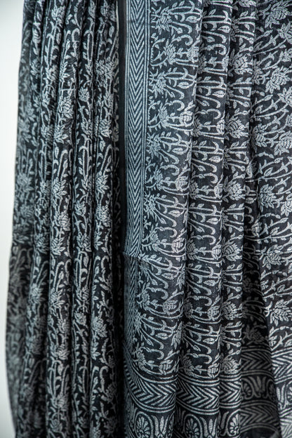 Jet Black base with an intricate, dense Silver-Grey print Pure Silk Saree