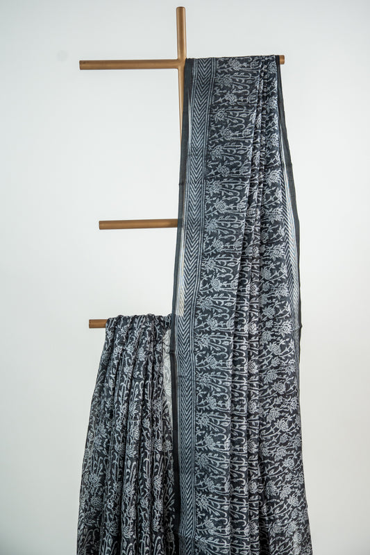 Jet Black base with an intricate, dense Silver-Grey print Pure Silk Saree