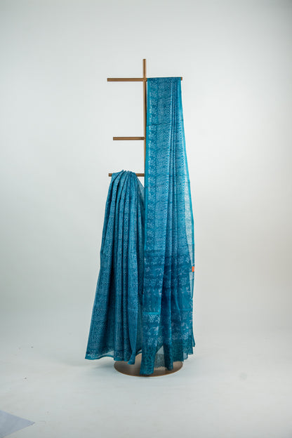 Deep Teal Blue / Prussian Blue base with a frosty Silver-Grey overlay print Pure Silk Saree