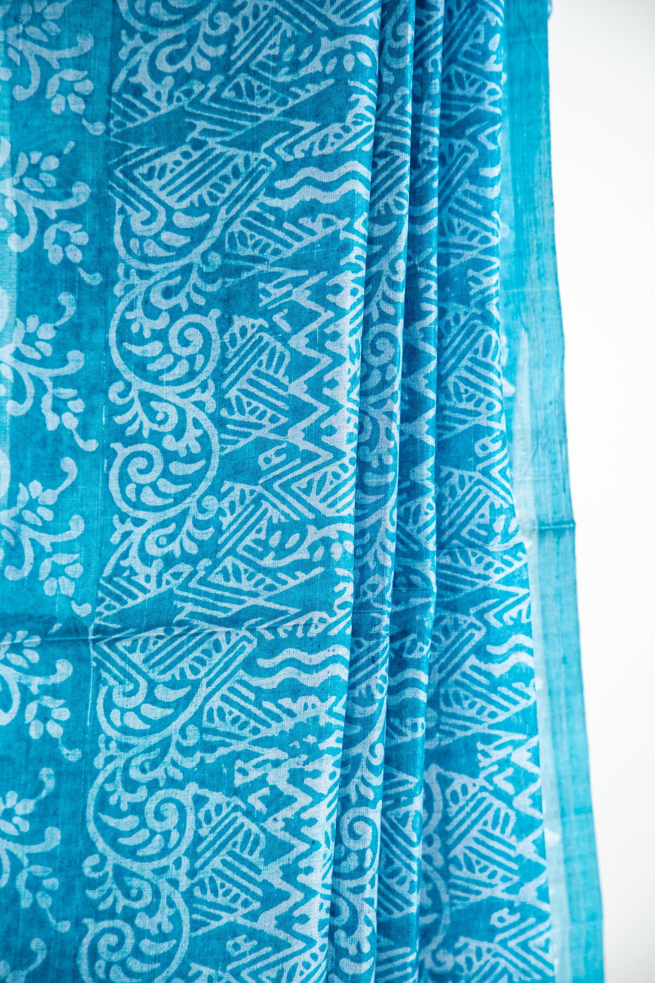 Deep Teal Blue / Prussian Blue base with a frosty Silver-Grey overlay print Pure Silk Saree