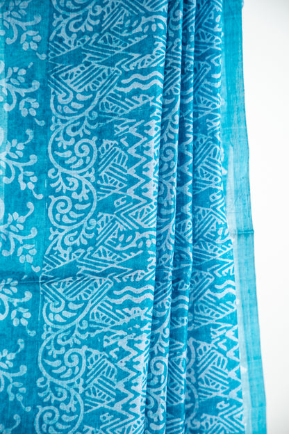Deep Teal Blue / Prussian Blue base with a frosty Silver-Grey overlay print Pure Silk Saree