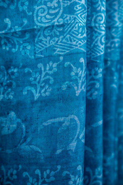 Deep Teal Blue / Prussian Blue base with a frosty Silver-Grey overlay print Pure Silk Saree